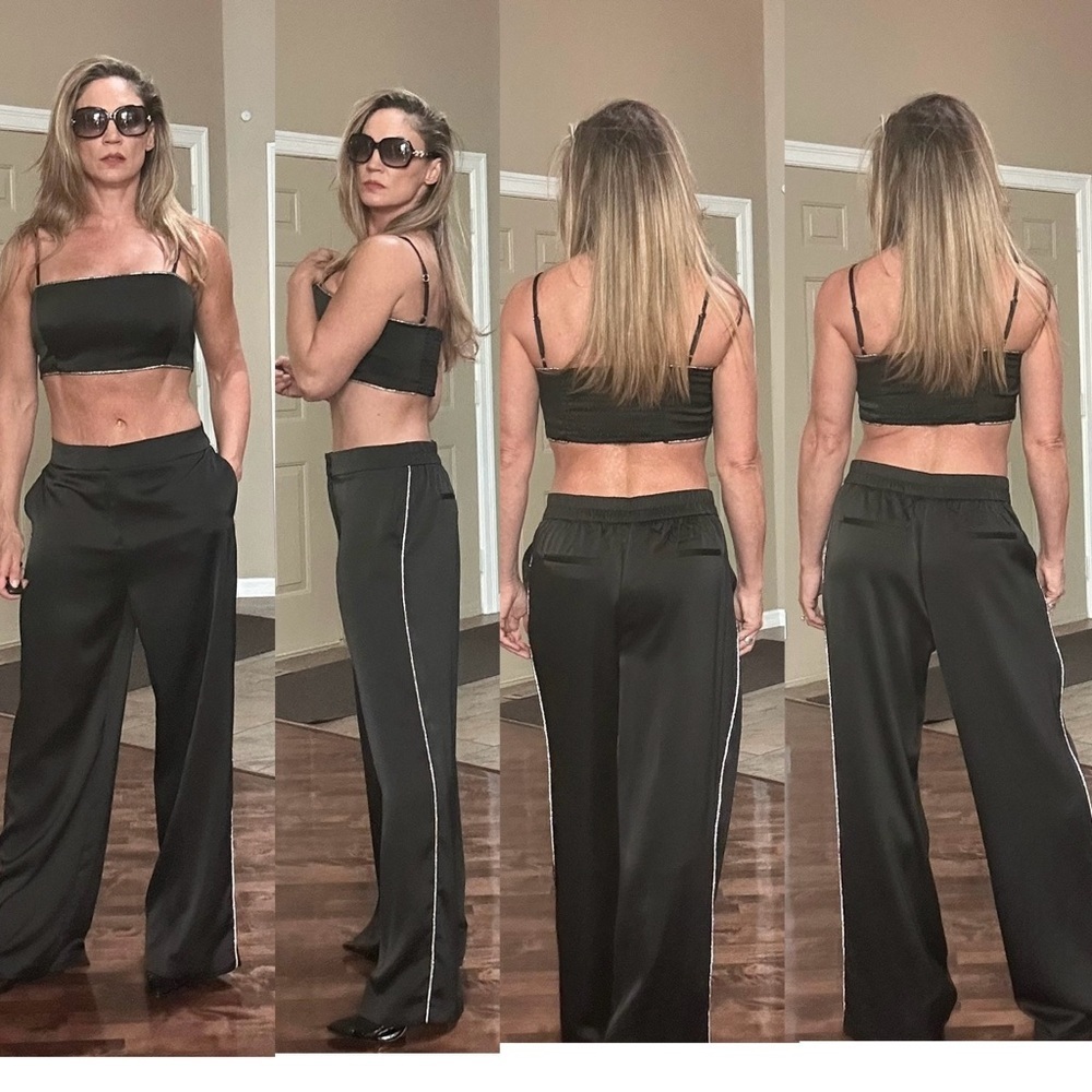 Rachel Zoe black satin effect crystal rhinestone trim crop top & trouser set 12